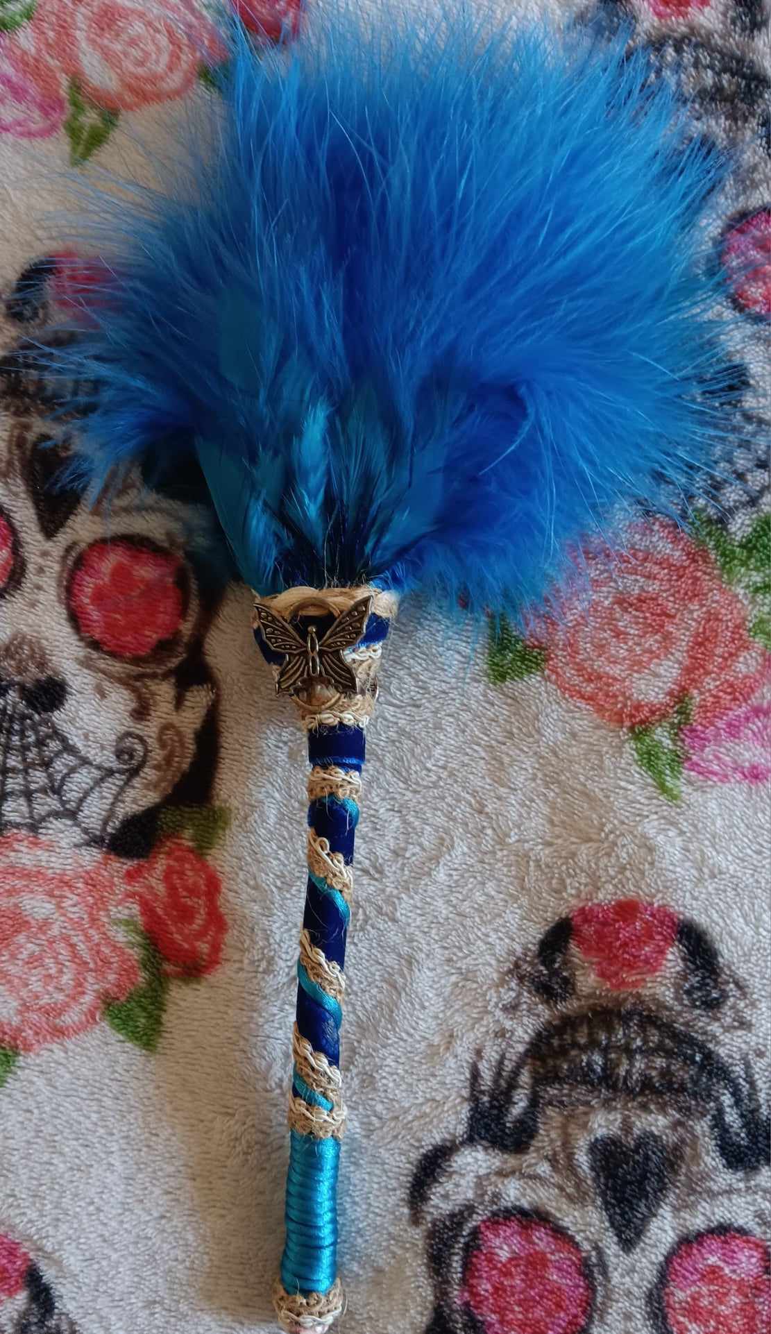 Blue and White Mini Smudge fan with Butterfly Charm